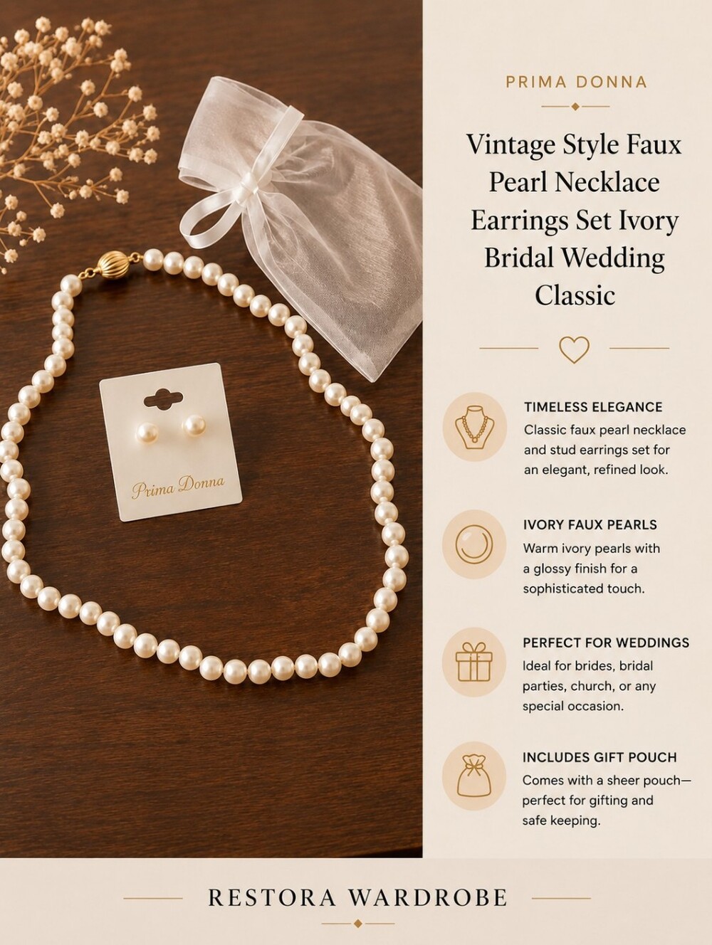 Prima Donna Ivory Faux Pearl Necklace Earrings Set NWT Bridal